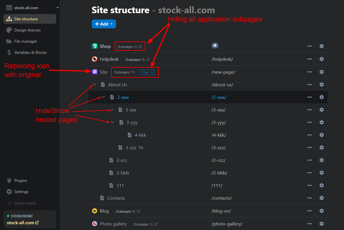 Hide/show functionality for nested site pages